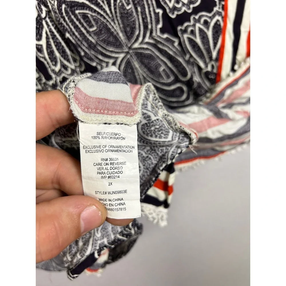 Boho Festival Democracy Womens 2X Black White Paisley Striped Tassel Poncho Top - Picture 4 of 12